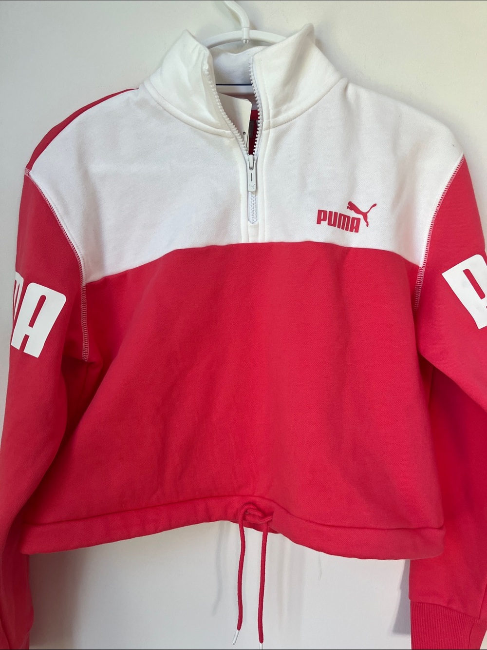 Puma ' Pink and White Quarter-Zip Pullover Size S NWT. white coral